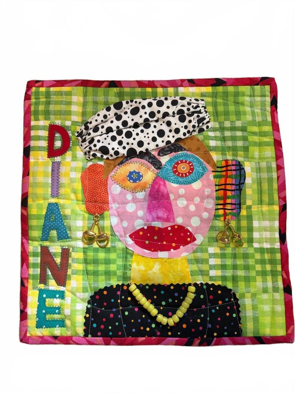 Diane patchwork collage and art quilt wall hanging - dangling jewelry